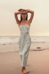 Silver and Beige Embellished Strapless Sheath Dress