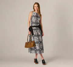 Drop Waist Cotton Tile Print Midi Sundress In Black Ivory