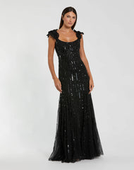 Sleeveless Mesh Gown With Floral Shoulder Detail