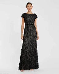 Black Floral Applique Boat Neck Cap Sleeve Gown