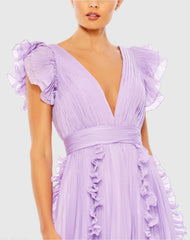 Purple Pleated Ruffle Cap Sleeve Flowy A Line Gown