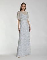 Blue High Neck Short Sleeve Embellished Gown