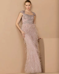 Pink Embellished Cap Sleeve Feather Gown