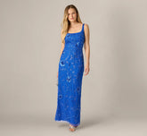 Sleeveless Floral Beaded Column Dress In Brilliant Sapphire