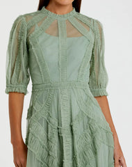 Petite Green High Neck Ruffle Tiered A-Line Midi Dress
