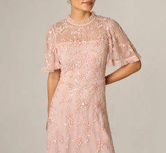 Flutter Sleeve Ruffle Floral Beaded Midi Dress In Blush Whisper