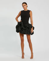 Black Sleeveless Crepe Bubble Skirt Mini Dress