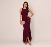 High Low Crepe Halter Gown With Organza Draping In Cabernet