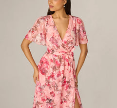 Flutter Sleeve Floral Print Embroidered Wrap Maxi Dress In Blush Multi