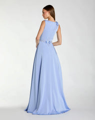 Blue Floral Applique Sleeveless A Line Gown