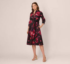 Three Quarter Sleeve Floral Taffeta Shirt Dress In Black Multi