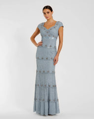 Blue Sequin Cap Sleeve Sweetheart Column Gown