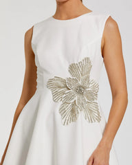 White Sleeveless Crepe Mini Dress With Rhinestone Flower