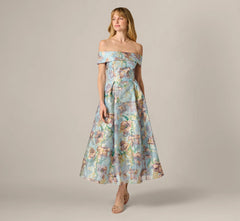Off Shoulder Watercolor Floral Jacquard Ankle Dress In Blue Multi