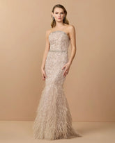 Beige Strapless Embellished Mermaid Gown With Feather Hem