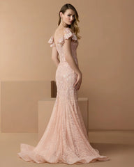 Pink Embroidered Lace Flutter Sleeve Mermaid Gown