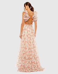 Pink Ruffle Tiered Cut-Out Chiffon Floral Gown