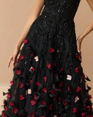 Black Sleeveless Beaded Midi Dress With 3D Flowers