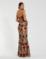 Beige Multicolor Embroidered Spaghetti Strap Floral Gown