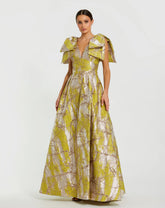 Green Layered Shoulder Bow Metallic A-Line Gown