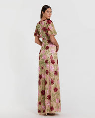 Beige Floral Beaded Mesh Puff Sleeve Gown