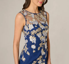 Sleeveless Illusion Floral Embroidery Sheath Dress In Navy Ecru