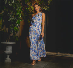 One Shoulder Metallic Stripe Floral Maxi Dress In Champagne Blue Multi