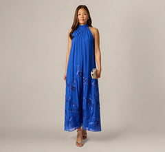 Georgette Soutache Embroidery Trapeze Halter Dress In Brilliant Sapphire