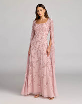 Petite Pink Beaded Square Neck Cape Sleeve Gown