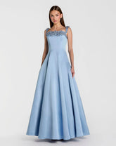 Blue Satin Ball Gown With 3D Embellished Flowers