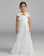 Girls White Chiffon Ruffle Shoulder Long Dress