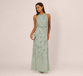 Sleeveless Blouson Mermaid Gown With Jasmine Beading In Aqua Dust
