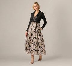 Long Sleeve Combo Tuxedo Ankle Length Gown In Black Blush