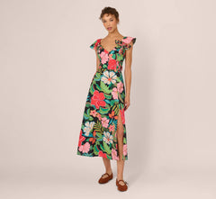 3D Tropical Floral Cotton A Line Midi Dress In Black Multi
