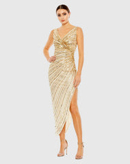 Sequined Faux Wrap Sleeveless Midi Dress