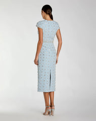 Blue Hand Embellished High Neck Midi Dress