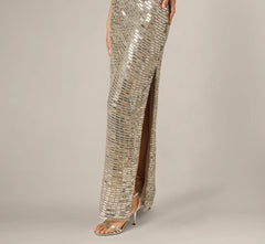 Plunge Neck Mirror Beaded Gown In Silver
