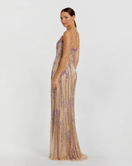 Beige Spaghetti Strap Beaded Column Gown