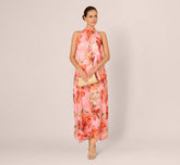 Floral Chiffon Trapeze Halter Gown In Pink Multi
