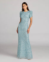 Blue Gathered Short Sleeve Embellished Gown