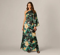 One Shoulder Long Sleeve Floral Satin Gown In Black Multi