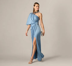 Crepe Back Satin One Shoulder Long Dress In Blue Cloud