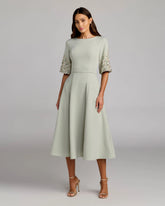 Green Crepe A Line Midi Dress With Beaded Sleeves