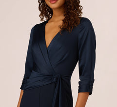 Satin Crepe Three Quarter Sleeve Jumpsuit With Buckle Waist In Dark Navy