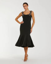 Black Sleeveless Midi Dress With Floral Embellishments