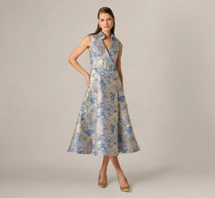 Hydrangea Floral Jacquard Collared Midi Dress In Blue Multi