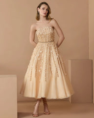 Embellished Lace Strapless A Line Midi Dress