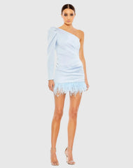 Feather Trim One Shoulder Draped Mini Dress - FINAL SALE
