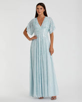 Blue Embellished V Neck Evening Gown