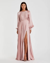 Petite Pink Pleated High Neck Raglan Long Sleeve Side Slit Gown
